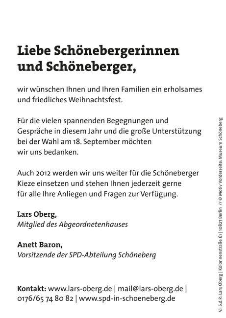 Lars Oberg und die SPD Schöneberg wünschen ein schönes Weihnachtsfest