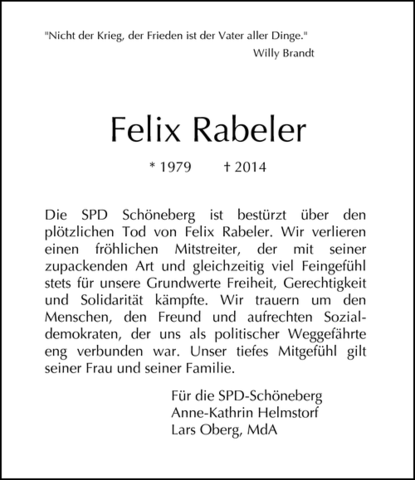 Die SPD trauert um Felix Rabeler 
